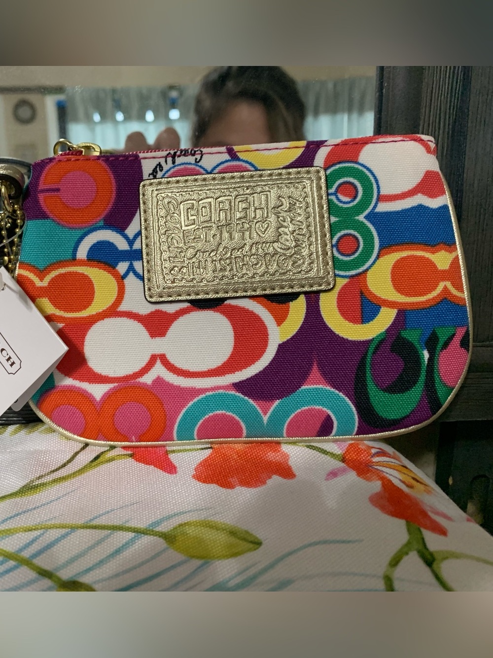 Coach Multicolor Circle Print Wristlet with Gold Plaque NWT and case